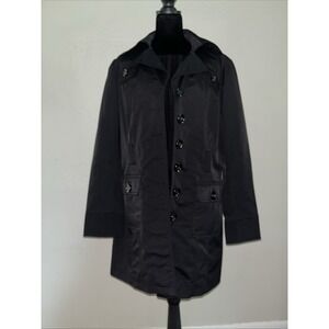 New York & Co Button Up Knee Length Rain Coat L Black Lined Excellent